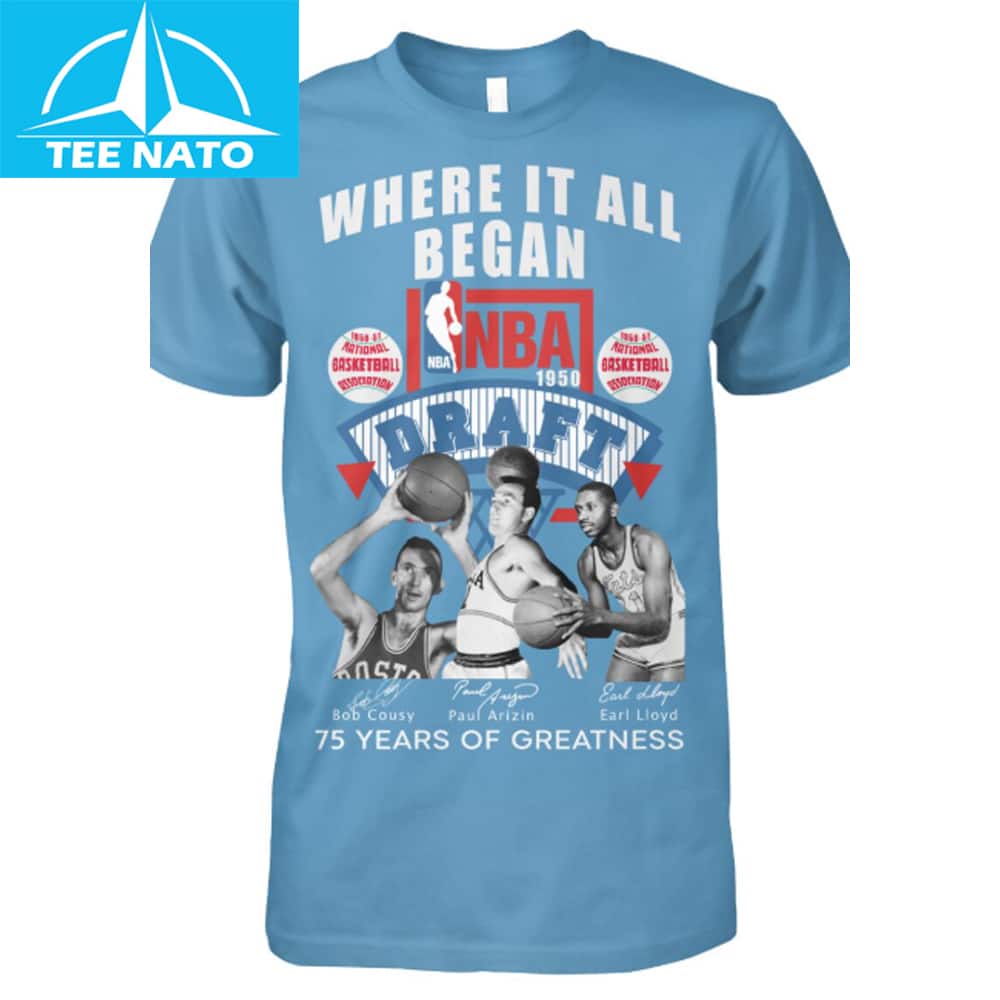 A person wearing the commemorative NBA 1950 Draft 75 Years of Greatness Shirt.