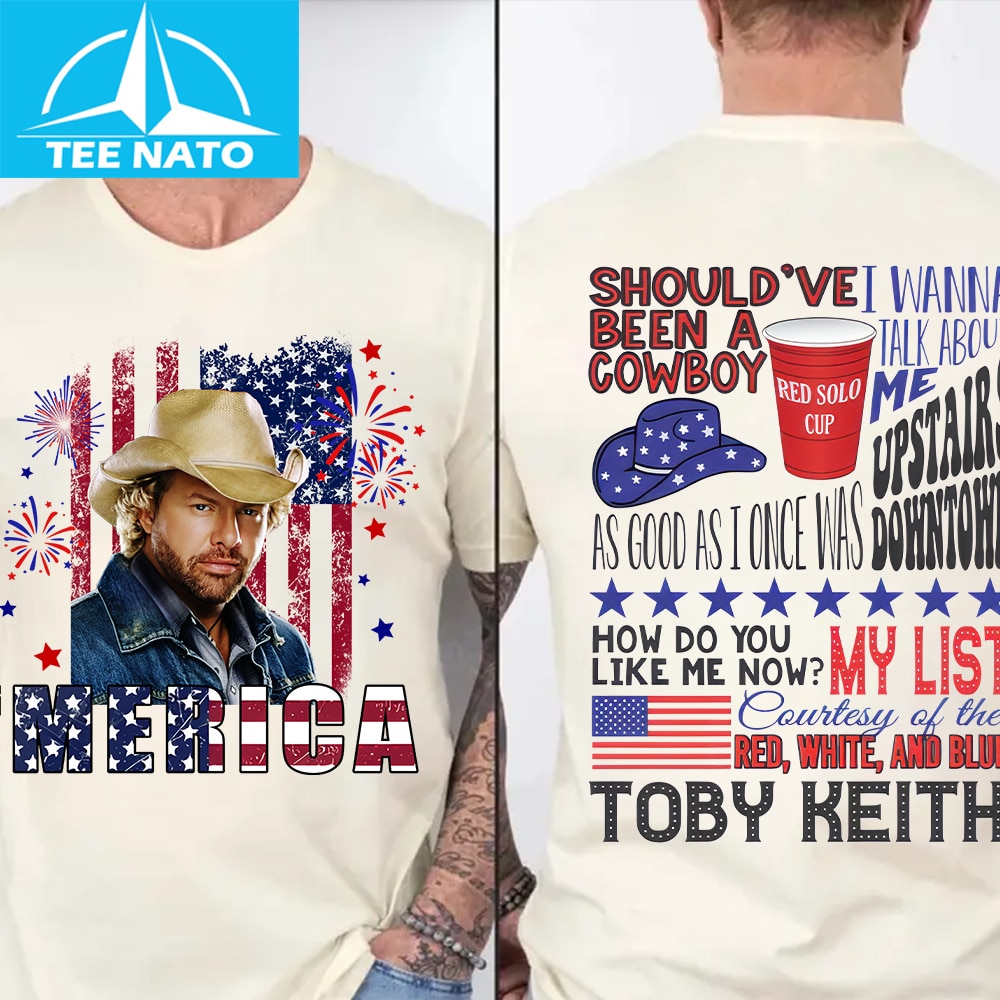 A person proudly wearing the patriotic Toby Keith shirt.